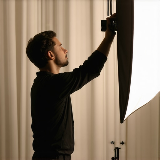 Photographer adjusting softbox to minimize reflections on glass surfaces.