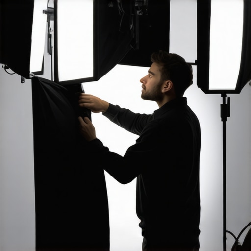Technician performing maintenance on lighting equipment in a studio environment.