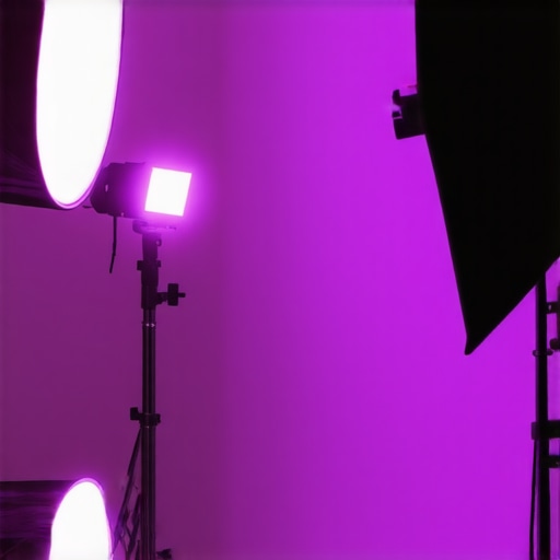 A professional photography studio showing softboxes with diffusion materials and RGB tubes arranged for even lighting.