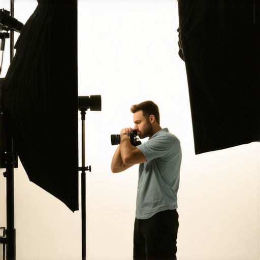 Filmmaker using flags and softboxes to shield camera lens from flare in a studio environment.