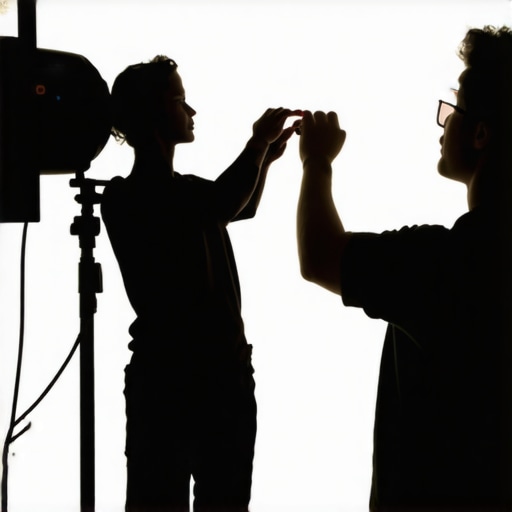 Photographer positioning RGB tube lights around subject in studio